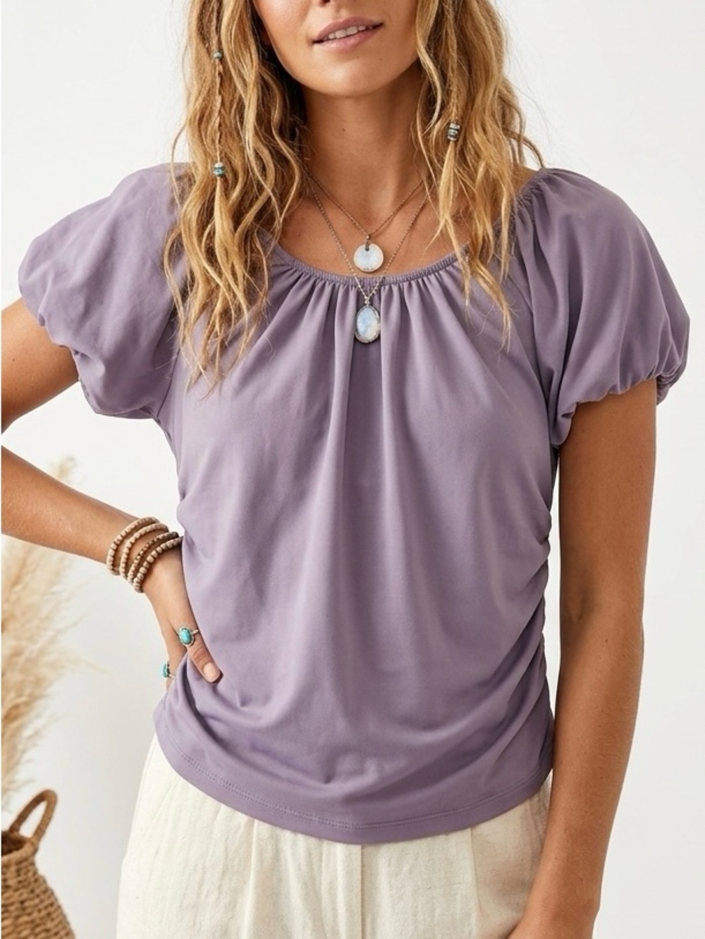Anthropologie Ruched Cap Sleeve Puff Sleeve Top Purple M